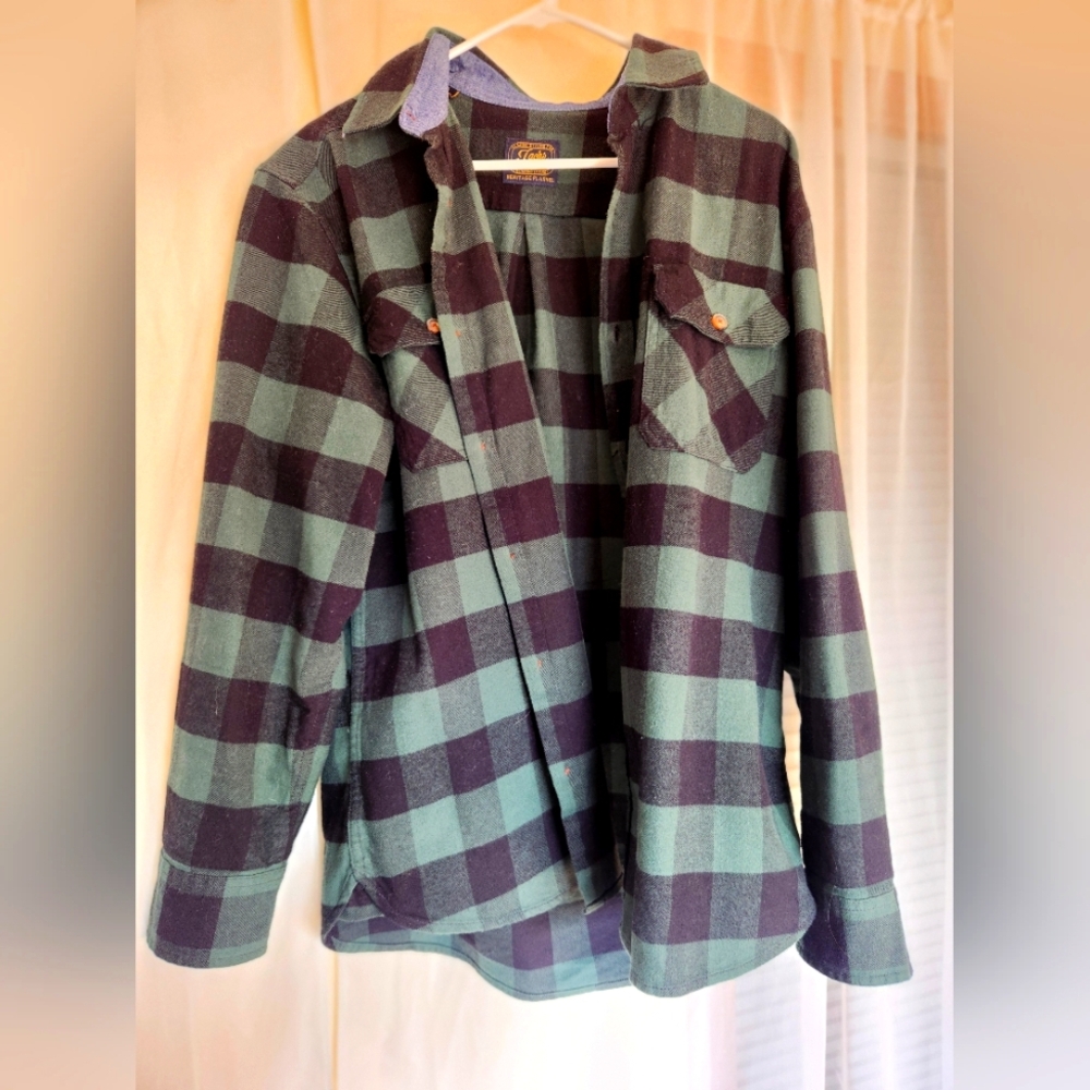 Jach's MFG Heritage Flannel Shirt Men’s L Green Black Plaid Heavyweight Cotton